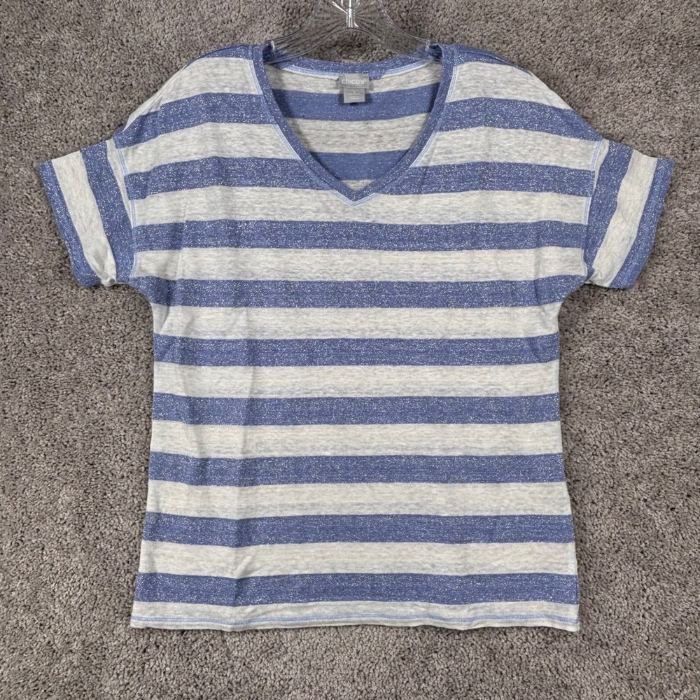 Chicos Blue Gray Striped Linen Metallic V-Neck Short Sleeve Top Size 1 Medium